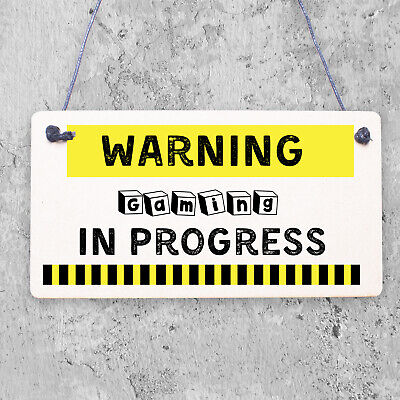 Warning Gaming In Progress Hanging Plaque Man Cave Bedroom Wall Fathers Day Sign