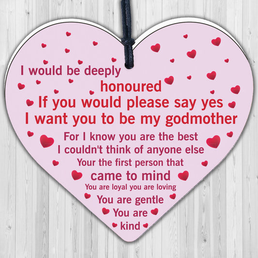Godmother Wooden Heart Sign Keepsake Thank You Gift Christening Godparents Gifts