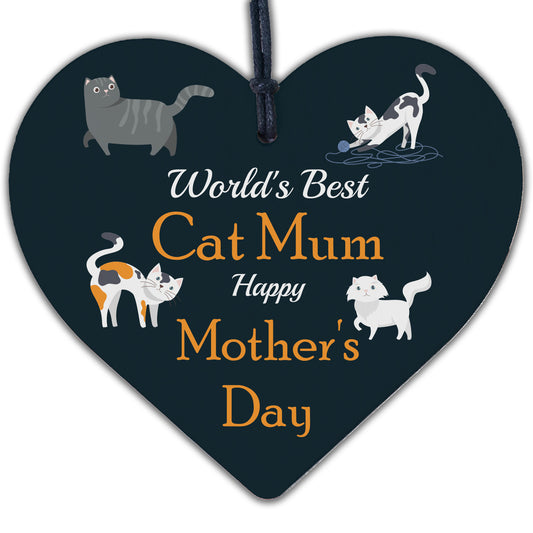 Novelty Mothers Day Cat Mum Funny Wooden Heart Gift For Cat Lover Gift For Mum