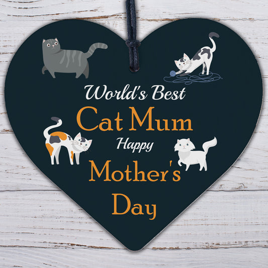 Novelty Mothers Day Cat Mum Funny Wooden Heart Gift For Cat Lover Gift For Mum