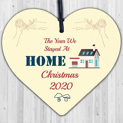 Year We Stayed At Home Christmas Tree Bauble Wood Heart Lockdown Family Gift