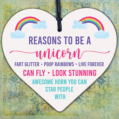 Reasons To Be A Unicorn Novelty Wooden Hanging Heart Shabby Chic Friendship Gift