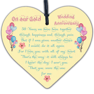 50th Gold Wedding Anniversary Gift For Husband Wife Wood Heart Special Keepsake