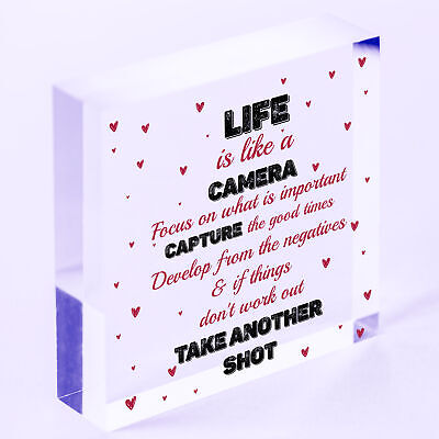 Life is Like A Camera Plaque Gift Wood Heart Motivational Friend Colleague Signs