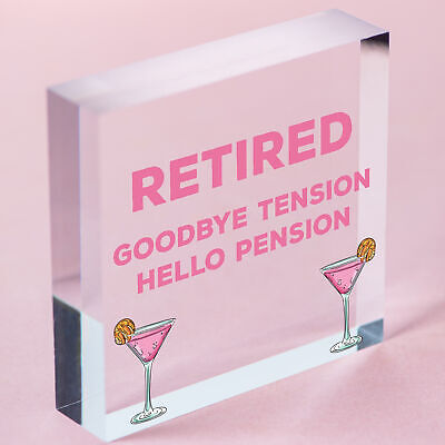 RETIRED Goodbye Tension Hello Pension Funny Retirement Plaque Alcohol Work Gift