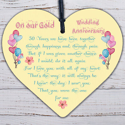 50th Gold Wedding Anniversary Gift For Husband Wife Wood Heart Special Keepsake