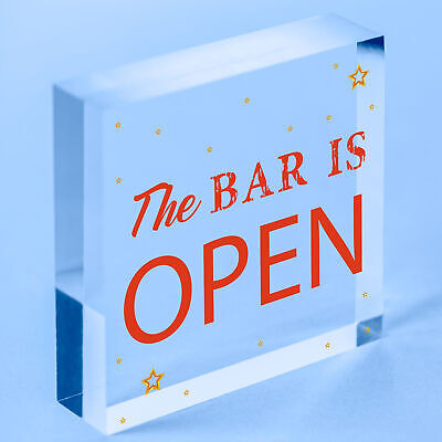 Novelty The Bar Is Open Plaque Home Bar Man Cave Alcohol Beer Vodka Gin Sign