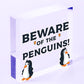 Beware Of The Penguins Funny Wooden Hanging Shabby Chic Plaque Penguin Sign Gift