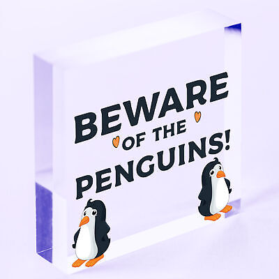 Beware Of The Penguins Funny Wooden Hanging Shabby Chic Plaque Penguin Sign Gift