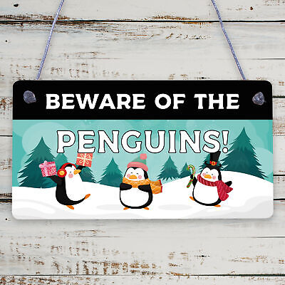 Beware Of The Penguins Funny Wooden Hanging Shabby Chic Plaque Penguin Sign Gift