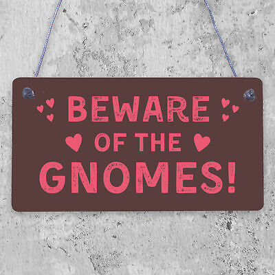 Beware Of The Gnomes Novelty Wooden Hanging Shabby Chic Plaque Garden Sign Gift