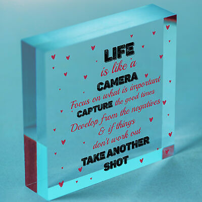 Life is Like A Camera Plaque Gift Wood Heart Motivational Friend Colleague Signs