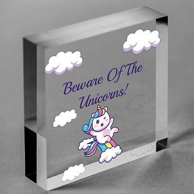 Beware Of The Unicorns Novelty Wooden Hanging Heart Plaque Shabby Chic Gift Sign