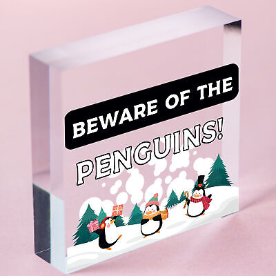 Beware Of The Penguins Funny Wooden Hanging Shabby Chic Plaque Penguin Sign Gift