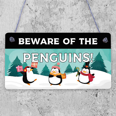 Beware Of The Penguins Funny Wooden Hanging Shabby Chic Plaque Penguin Sign Gift