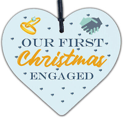 First Christmas Engaged Wooden Xmas Tree Decoration Heart Bauble Fiance Gift