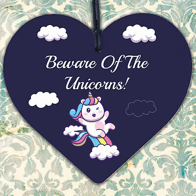 Beware Of The Unicorns Novelty Wooden Hanging Heart Plaque Shabby Chic Gift Sign