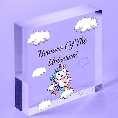 Beware Of The Unicorns Novelty Wooden Hanging Heart Plaque Shabby Chic Gift Sign