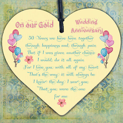 50th Gold Wedding Anniversary Gift For Husband Wife Wood Heart Special Keepsake