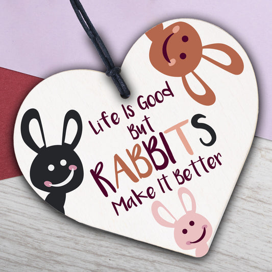 Rabbits Make Life Better Wooden Hanging Heart Plaque Pet Rabbit Hutch Sign Decor