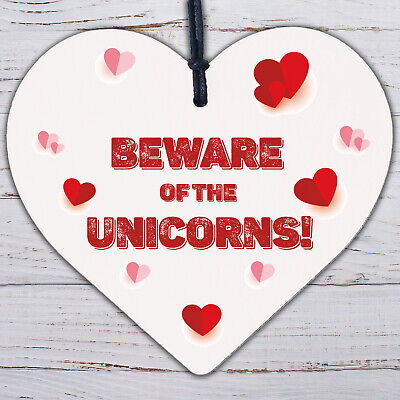 Beware Of The Unicorns Novelty Wooden Hanging Heart Plaque Shabby Chic Gift Sign