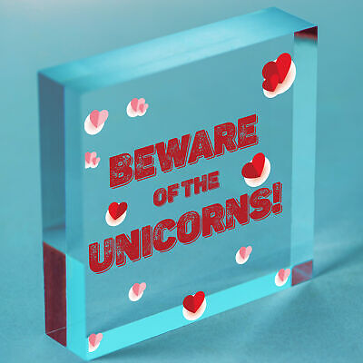 Beware Of The Unicorns Novelty Wooden Hanging Heart Plaque Shabby Chic Gift Sign