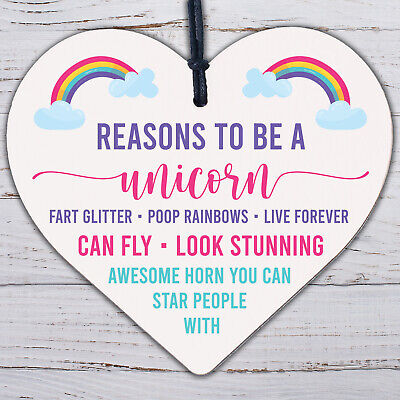 Reasons To Be A Unicorn Novelty Wooden Hanging Heart Shabby Chic Friendship Gift