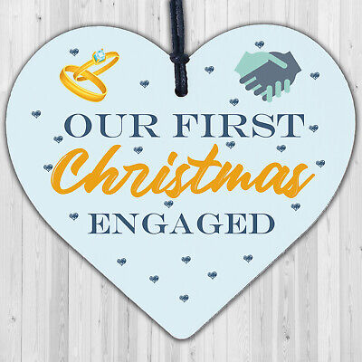 First Christmas Engaged Wooden Xmas Tree Decoration Heart Bauble Fiance Gift