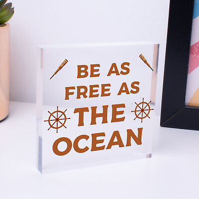 Free As The Ocean Nautical Seaside Marine Theme Hanging Plaque Bathroom Sign