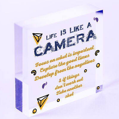 Life is Like A Camera Plaque Gift Wood Heart Motivational Friend Colleague Signs