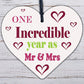 1st Wedding Anniversary Gift Wooden Heart Mr And Mrs One Year Anniversary Gift