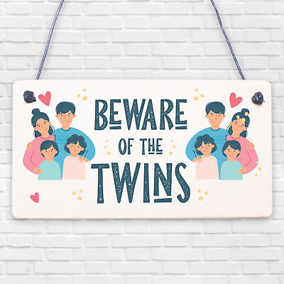 Beware Of The Twins Novelty Wooden Hanging Shabby Chic Plaque Twin Gift Sign