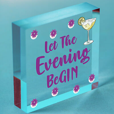 Fun Vintage Let The Evening BeGIN - Gin & Tonic Wood Hanging Heart Sign Gift Bar