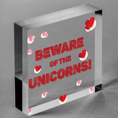 Beware Of The Unicorns Novelty Wooden Hanging Heart Plaque Shabby Chic Gift Sign