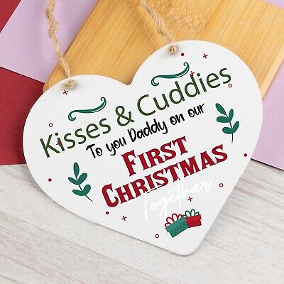 1st First Christmas Baby Dad Daddy Gift Xmas Bauble Decoration Wooden Heart Sign