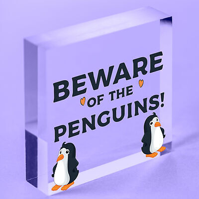 Beware Of The Penguins Funny Wooden Hanging Shabby Chic Plaque Penguin Sign Gift