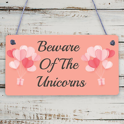 Beware Of The Unicorns Novelty Wooden Hanging Shabby Chic Plaque Unicorn Sign