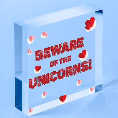 Beware Of The Unicorns Novelty Wooden Hanging Heart Plaque Shabby Chic Gift Sign