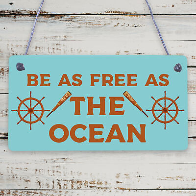 Free As The Ocean Nautical Seaside Marine Theme Hanging Plaque Bathroom Sign