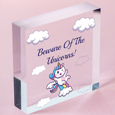 Beware Of The Unicorns Novelty Wooden Hanging Heart Plaque Shabby Chic Gift Sign