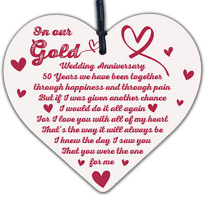 50th Gold Wedding Anniversary Gift For Husband Wife Wood Heart Special Keepsake