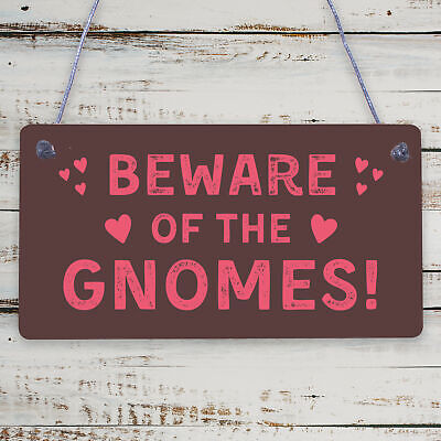 Beware Of The Gnomes Novelty Wooden Hanging Shabby Chic Plaque Garden Sign Gift