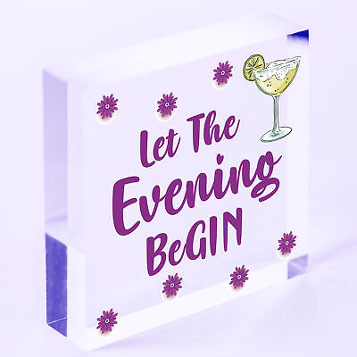 Fun Vintage Let The Evening BeGIN - Gin & Tonic Wood Hanging Heart Sign Gift Bar