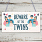 Beware Of The Twins Novelty Wooden Hanging Shabby Chic Plaque Twin Gift Sign