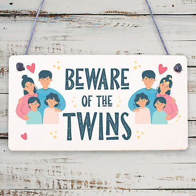 Beware Of The Twins Novelty Wooden Hanging Shabby Chic Plaque Twin Gift Sign