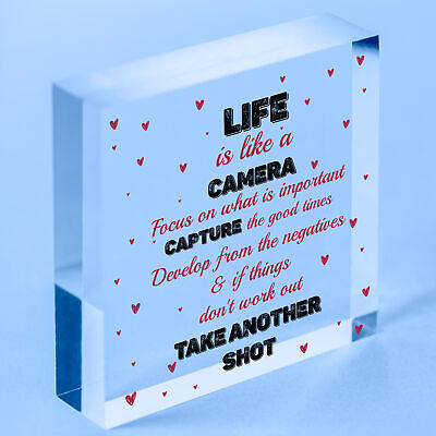 Life is Like A Camera Plaque Gift Wood Heart Motivational Friend Colleague Signs