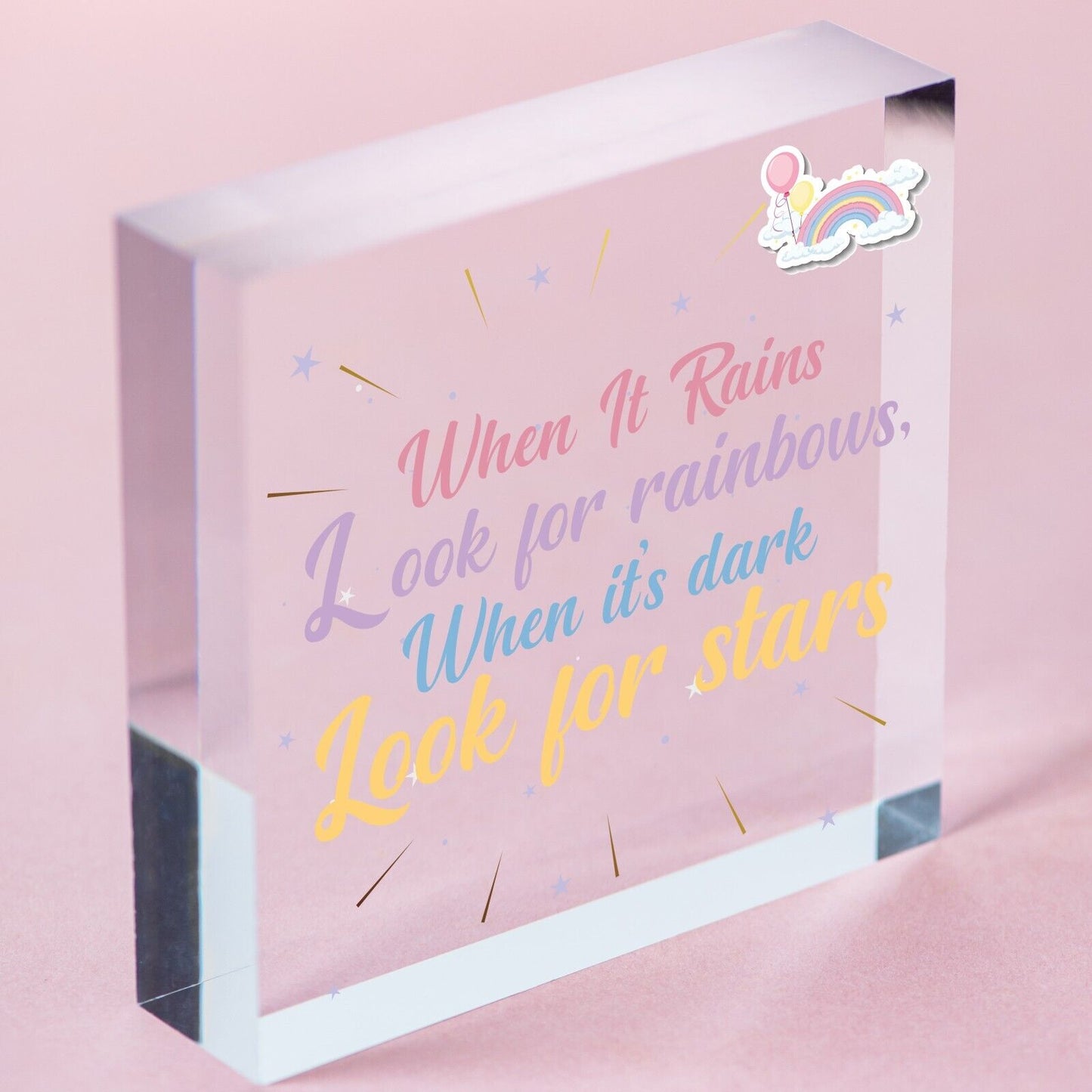 When It Rains Rainbows Stars Wooden Hanging Plaque Sign Love Friendship Gift