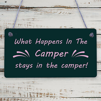 What Happens In The Camper Novelty Wooden Hanging Plaque Gift VW Camper Van Sign