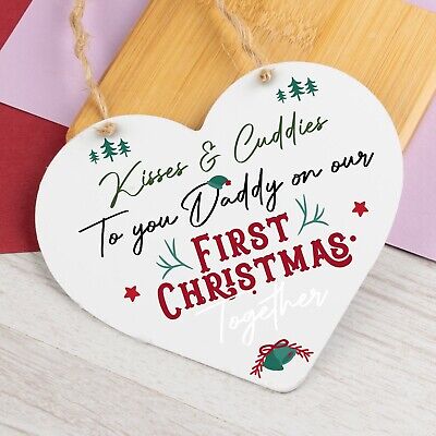 1st First Christmas Baby Dad Daddy Gift Xmas Bauble Decoration Wooden Heart Sign