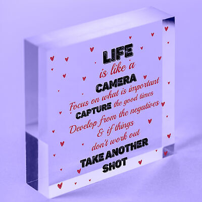 Life is Like A Camera Plaque Gift Wood Heart Motivational Friend Colleague Signs